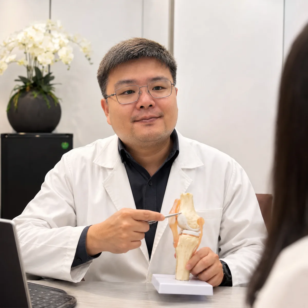 หมอกิตติพัฐอธิบายอาการข้อเข่าให้ผู้ป่วยในคลินิกกระดูกและข้อ
